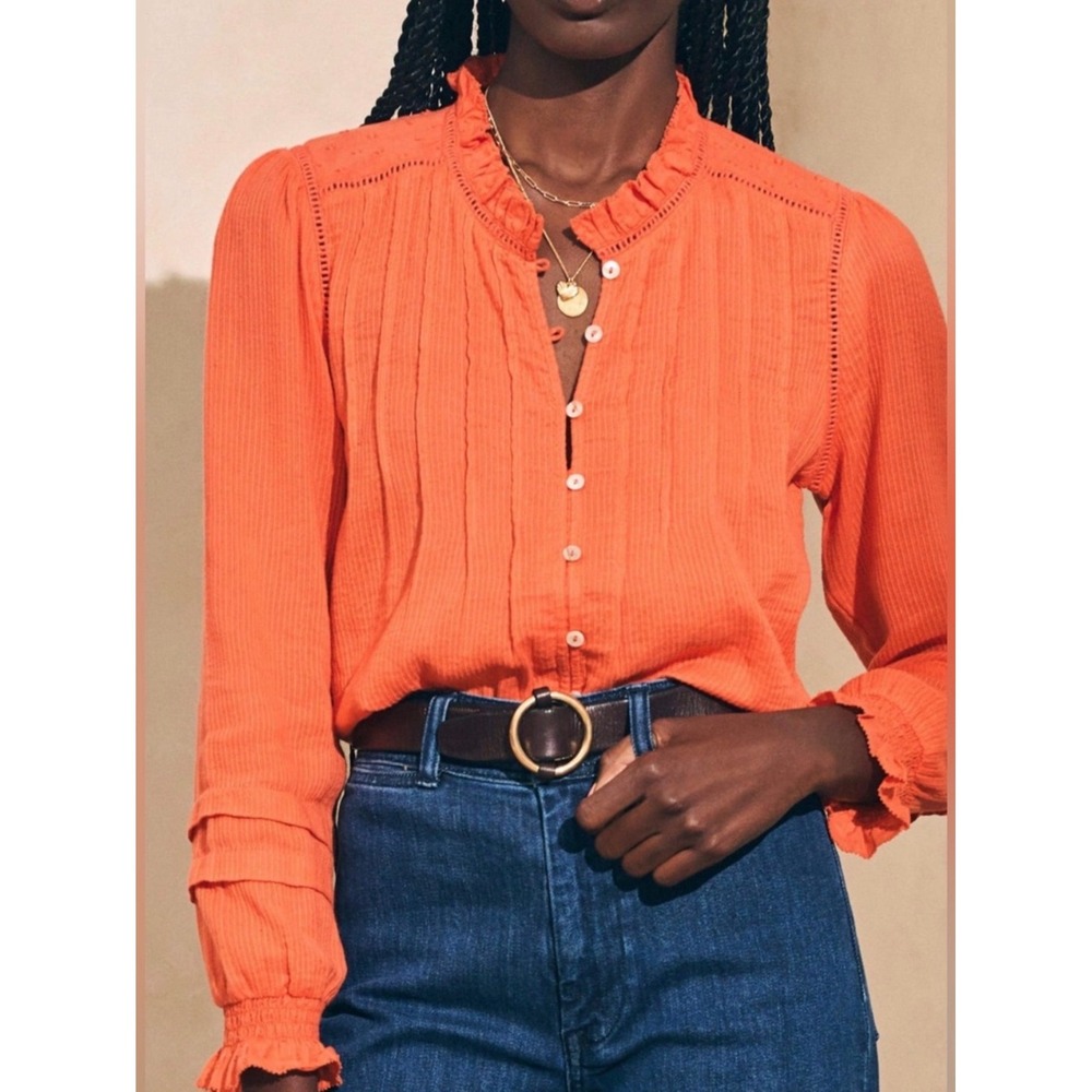 Faherty Willa Top Emberglow Orange Ruffle Neck Swiss Dot Organic Peasant - Small